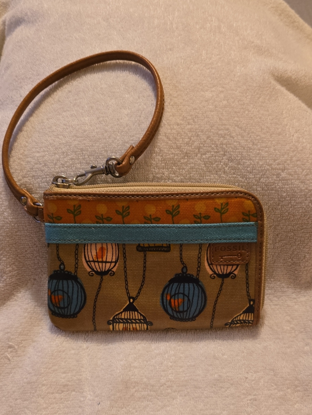 Fossil Vintage  Key-Per Birdcage Print Wristlet Wallet EUC